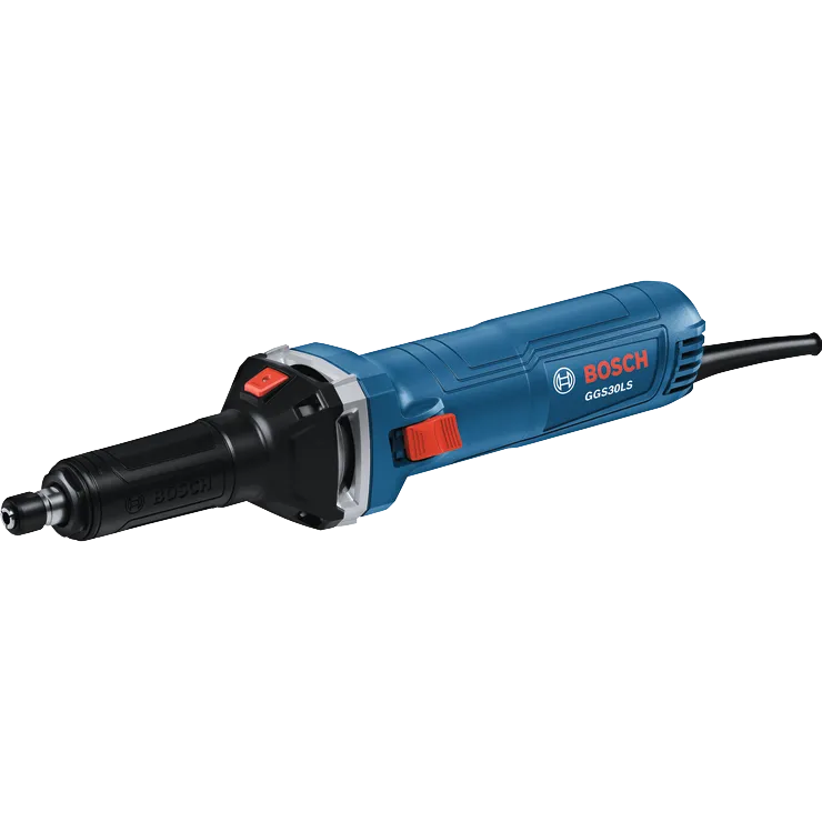 Imagen dinámica del producto: amoladora de 6 A con interruptor deslizante Bosch GGS30LS, sobre fondo blanco.