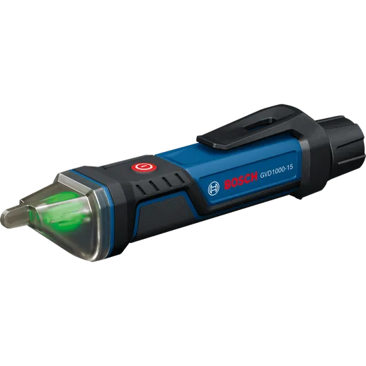 Vista dinámica del producto: probador de voltaje sin contacto Bosch GVD1000-15, sobre fondo blanco.