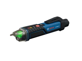 Vista dinámica del producto: probador de voltaje sin contacto Bosch GVD1000-17 con linterna, sobre fondo blanco.
