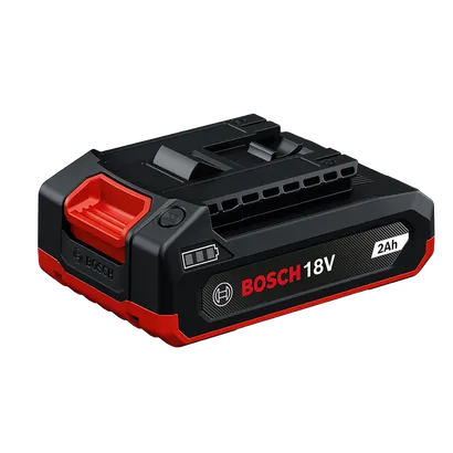 Vista dinámica del producto: batería High Power de iones de litio Bosch GBA18V-20 18 V y 2 Ah, sobre fondo blanco.