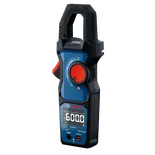 Pinza amperimétrica Bosch GMC600-15 imagen estética de producto con la pantalla encendida y sobre fondo blanco.
