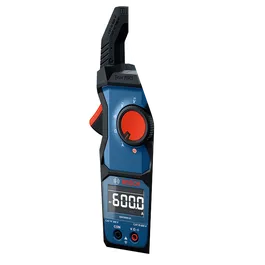Pinza amperimétrica Bosch GMC600-15 imagen estética de producto con la pantalla encendida y sobre fondo blanco.