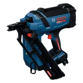 Vista dinámica del producto: pistola de clavos para carpintería EXPERT EXNH18V-90MDN (herramienta básica), sobre fondo blanco.