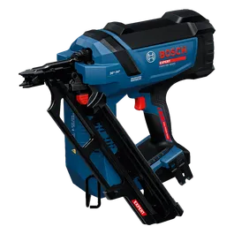 Vista dinámica del producto: pistola de clavos para carpintería EXPERT EXNH18V-90MDN (herramienta básica), sobre fondo blanco.
