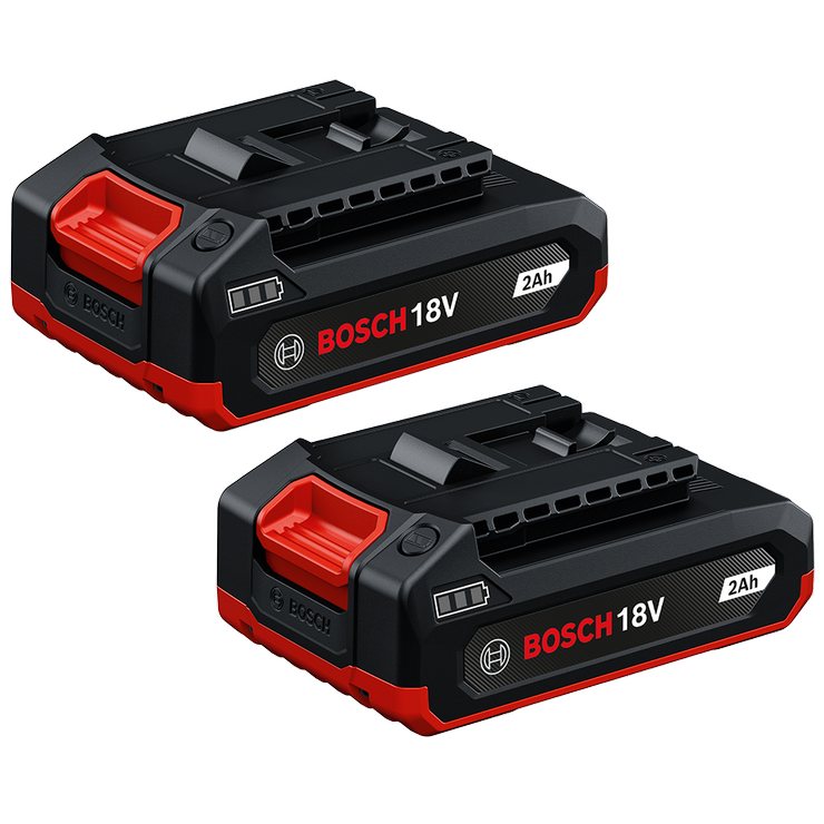 Dos baterías PRO de iones de litio Bosch GBA18V-20-2PK de 18 V y 2 Ah mostradas en una vista isométrica sobre fondo blanco.