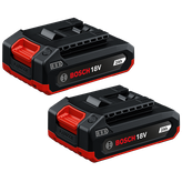 Dos baterías PRO de iones de litio Bosch GBA18V-20-2PK de 18 V y 2 Ah mostradas en una vista isométrica sobre fondo blanco.