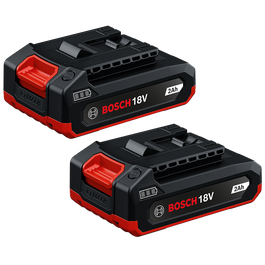 Dos baterías PRO de iones de litio Bosch GBA18V-20-2PK de 18 V y 2 Ah mostradas en una vista isométrica sobre fondo blanco.