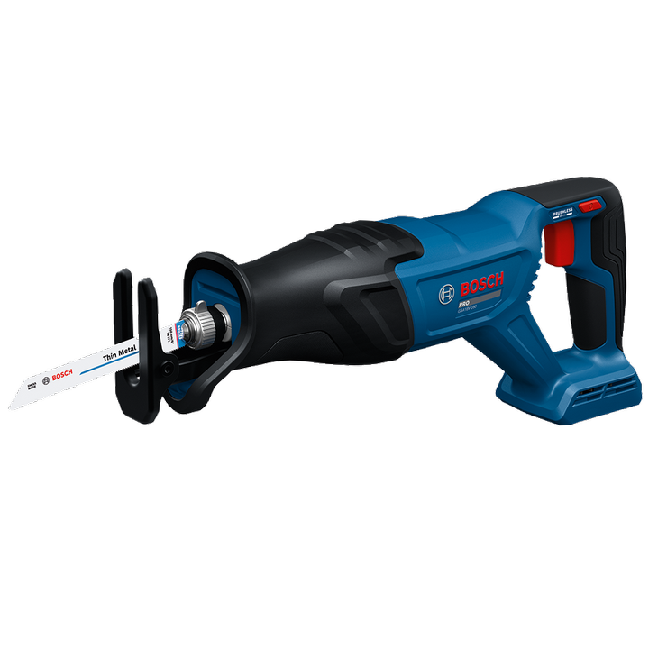 Vista dinámica del producto: sierra sable Bosch GSA18V-280N de 18 V y 1-1/8", sobre fondo blanco.