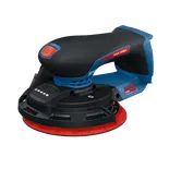 Vista dinámica del producto: lijadora roto orbital Bosch EXEX18V-150-5N de 18 V y 6" (3/16”), sobre fondo blanco.