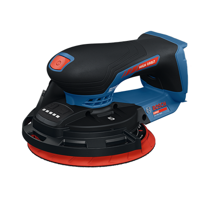 Vista dinámica del producto: lijadora roto orbital Bosch EXEX18V-150-5N de 18 V y 6" (3/16”), sobre fondo blanco.