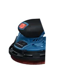 Vista dinámica del producto: lijadora roto orbital Bosch GEX18V-150-3N de 18 V y 6", sobre fondo blanco.