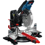 Vista dinámica del producto: sierra ingletadora deslizante con bisel doble Bosch EXCM341-305GD de 12", sobre fondo blanco.