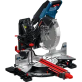Vista dinámica del producto: sierra ingletadora deslizante con bisel doble Bosch EXCM341-305GD de 12", sobre fondo blanco.