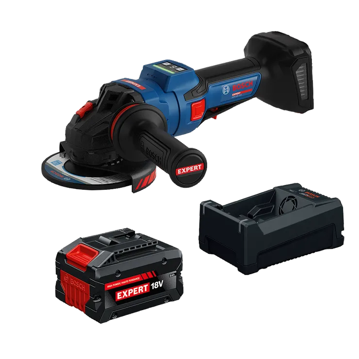 Vista dinámica del producto: amoladora angular con interruptor de paleta sin bloqueo y sin escobillas Bosch EXWS18V-15PSB18X de 18 V y 6".