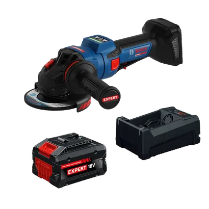 Vista dinámica del producto: amoladora angular con interruptor de paleta sin bloqueo y sin escobillas Bosch EXWS18V-15PSB18X de 18 V y 6".