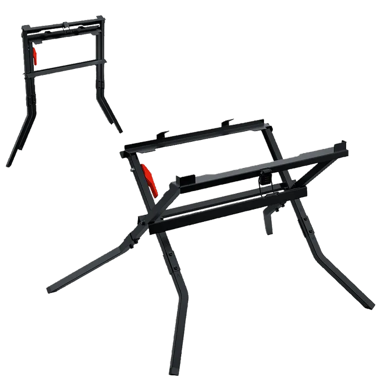 Vista dinámica del producto: soporte de recorte para sierra de mesa plegable Bosch GTA571, sobre fondo blanco.