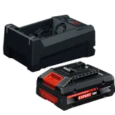 Vista dinámica del kit básico Bosch GXS18V-25N14X 18 V con batería Expert de 18 V de alta potencia y cargador rápido multivoltaje.