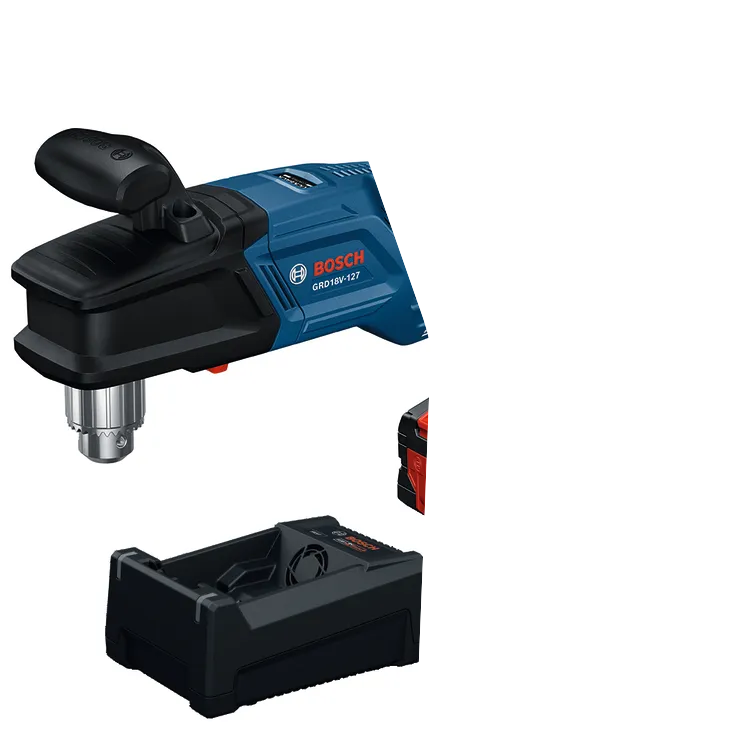 Imagen dinámica del producto sobre fondo blanco: Taladro de ángulo recto de alto torque de Bosch GRD18V-127B26X de 18 V y 1/2".