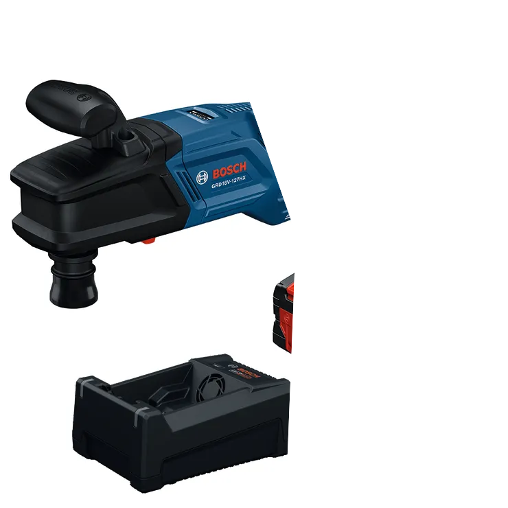 Imagen dinámica del producto sobre fondo blanco: Kit de taladro de ángulo recto de alto torque Bosch GRD18V-127HXB26X de 18 V y 7/16".