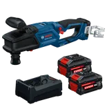 Imagen dinámica del producto sobre fondo blanco: Kit de taladro de ángulo recto de alto torque Bosch GRD18V-127HXB26X de 18 V y 7/16".