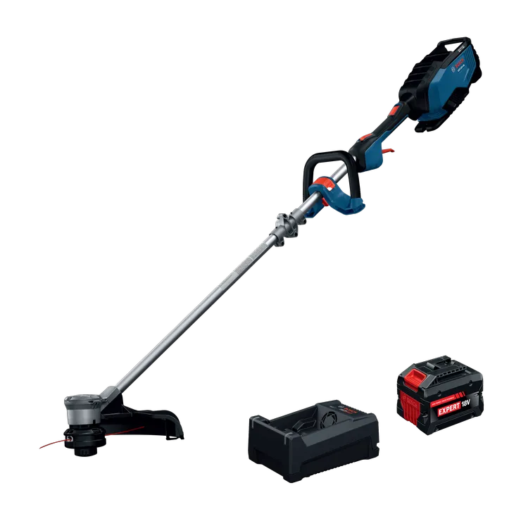 The Bosch GRT18V-40N18X 18V String Trimmer Kit w/ 8Ah Battery & 12V/18V Charger in the product image dynamic.