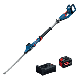 Kit de cortasetos telescópico Bosch GHE18V-50TPN18X de 18 V y 20", se muestra el cortasetos, la batería Expert de 18 V y 8 Ah, y el cargador.