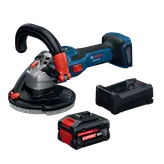 Bosch GBR18V-15SN18X 5 In. 18V Concrete Surface Grinder kit showing grinder, 8 Ah Expert 18V battery and battery charger.
