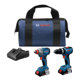 Taladro/atornillador de percusión Bosch GXL18V-241B22, llave atornillador de impacto dos en uno, dos baterías de 18 V, cargador y bolsa de transporte.