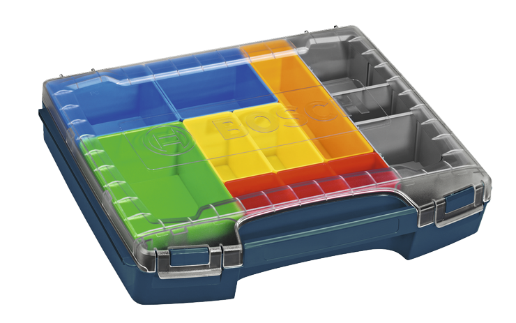 Imagen dinámica de la caja de almacenamiento Bosch i-BOXX72-10 con varios compartimentos, tapa transparente y divisores de varios colores.