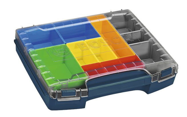 Imagen dinámica de la caja de almacenamiento Bosch i-BOXX72-10 con varios compartimentos, tapa transparente y divisores de varios colores.