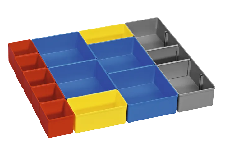 Imagen dinámica sobre un fondo blanco del juego de insertos de organizador Bosch ORG53-12 de 12 piezas.