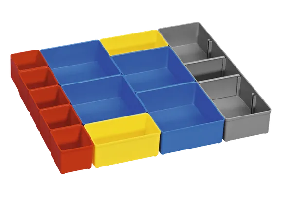 Imagen dinámica sobre un fondo blanco del juego de insertos de organizador Bosch ORG53-12 de 12 piezas.