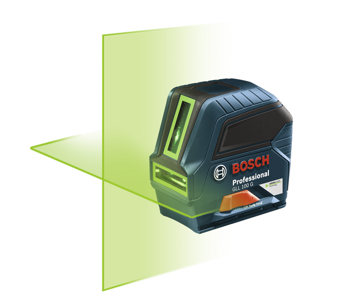Product Image Dynamic of Bosch GLL 100 G Green-Beam Self-Leveling Cross-Line Laser on a white background.