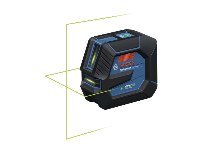 Product Image Dynamic of Bosch GLL100-42GL 3.7V Self-Leveling Cross-Line Laser on a white background.