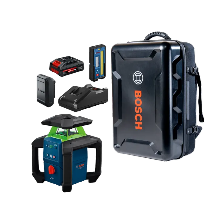 Image of kit from Bosch GRL18V-34P 18V Green-Beam Horizontal/Vertical Rotary Laser Kit with Backpack.