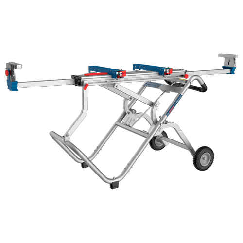 Product Image Dynamic of Bosch T4B Gravity-Rise Miter Saw Stand with Wheels on a white background.