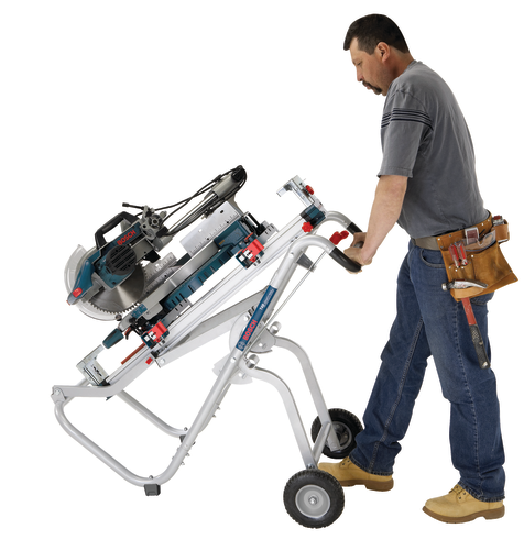 Application Image of worker holding a Bosch T4B Gravity-Rise Miter Saw Stand with Wheels on a white background.