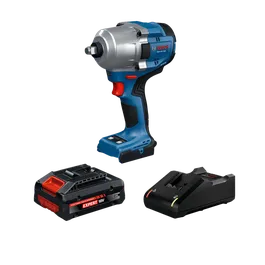 Dynamic Image of Bosch GDS18V-780B14X 18V Brushless ½ In. Mid-Torque Impact Wrench Kit on a white background.