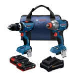 Product Image Dynamic of Bosch GXL18V-28B22 18V 2-Tool Combo Kit on a white background.