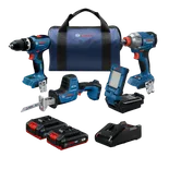 Dynamic Image of Bosch GXL18V-498B22 18V 4-Tool Combo Kit on a white background.