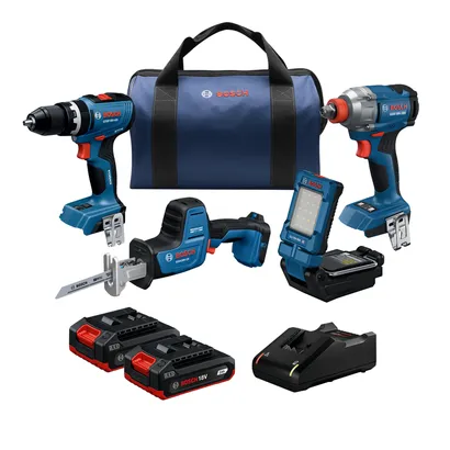 Dynamic Image of Bosch GXL18V-498B22 18V 4-Tool Combo Kit on a white background.