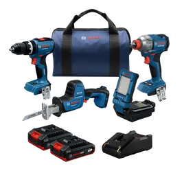 Dynamic Image of Bosch GXL18V-498B22 18V 4-Tool Combo Kit on a white background.