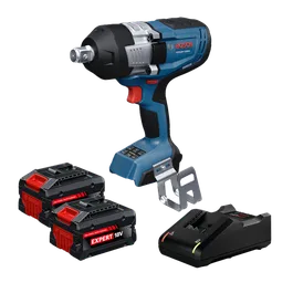 Dynamic Image of Bosch GDS18V-1600HB28X 18V Impact Wrench Kit on white background.