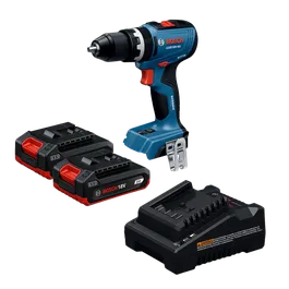 Dynamic Image of Bosch GSR18V-52B22 18V Drill/Driver Kit with Batteries and Charger.