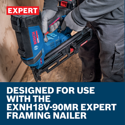 Web Image white features and worker using the Bosch 21EXTMAG 21º Ext. Magazine on a construction.