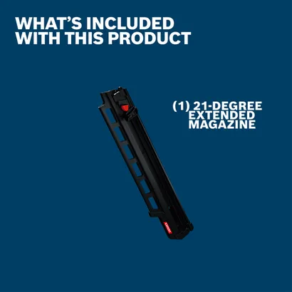 Kit Contents Image of Bosch 21EXTMAG 21º Ext. Magazine on a blue background.