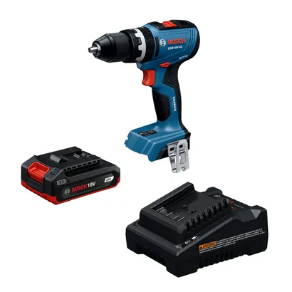 Dynamic Image of Bosch GSR18V-52B12 18V Drill/Driver Kit with Battery and Charger.