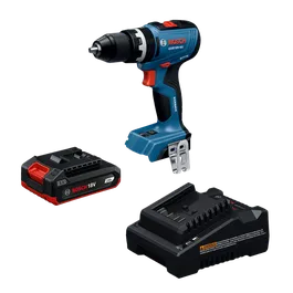 Dynamic Image of Bosch GSR18V-52B12 18V Drill/Driver Kit with Battery and Charger.