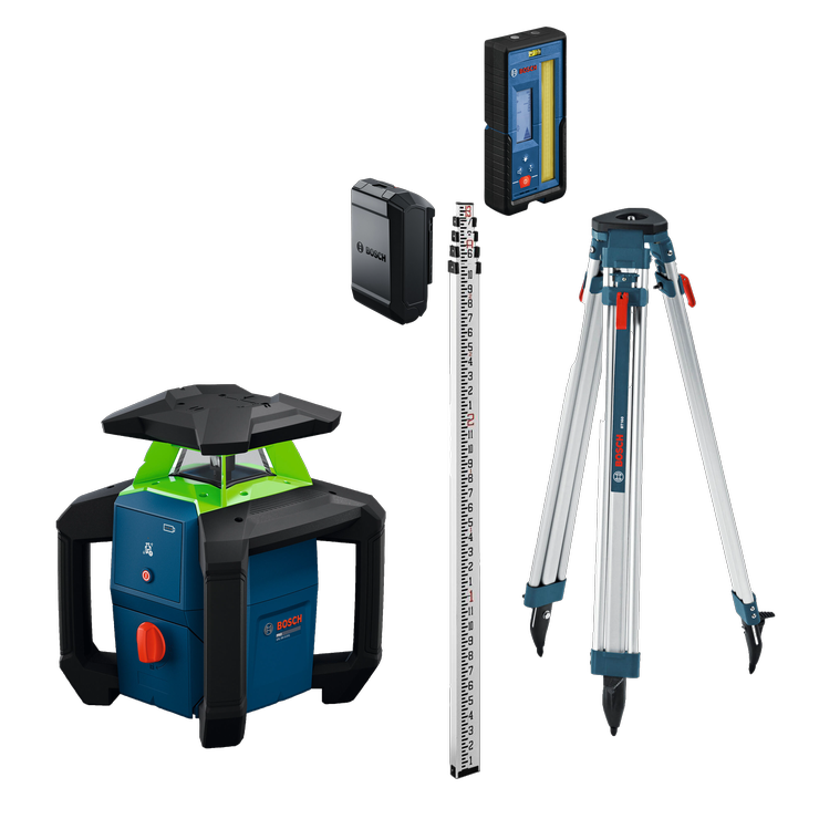 Dynamic Image of Bosch GRL18V-31NK 18V Horizontal Rotary Laser Kit with accessories.
