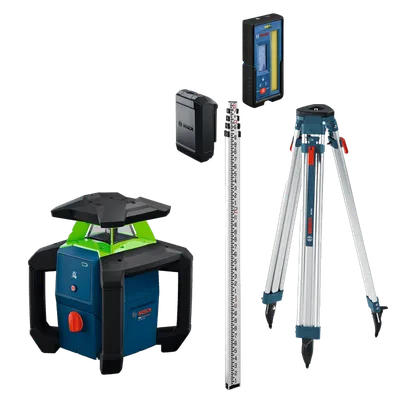 Dynamic Image of Bosch GRL18V-31NK 18V Horizontal Rotary Laser Kit with accessories.